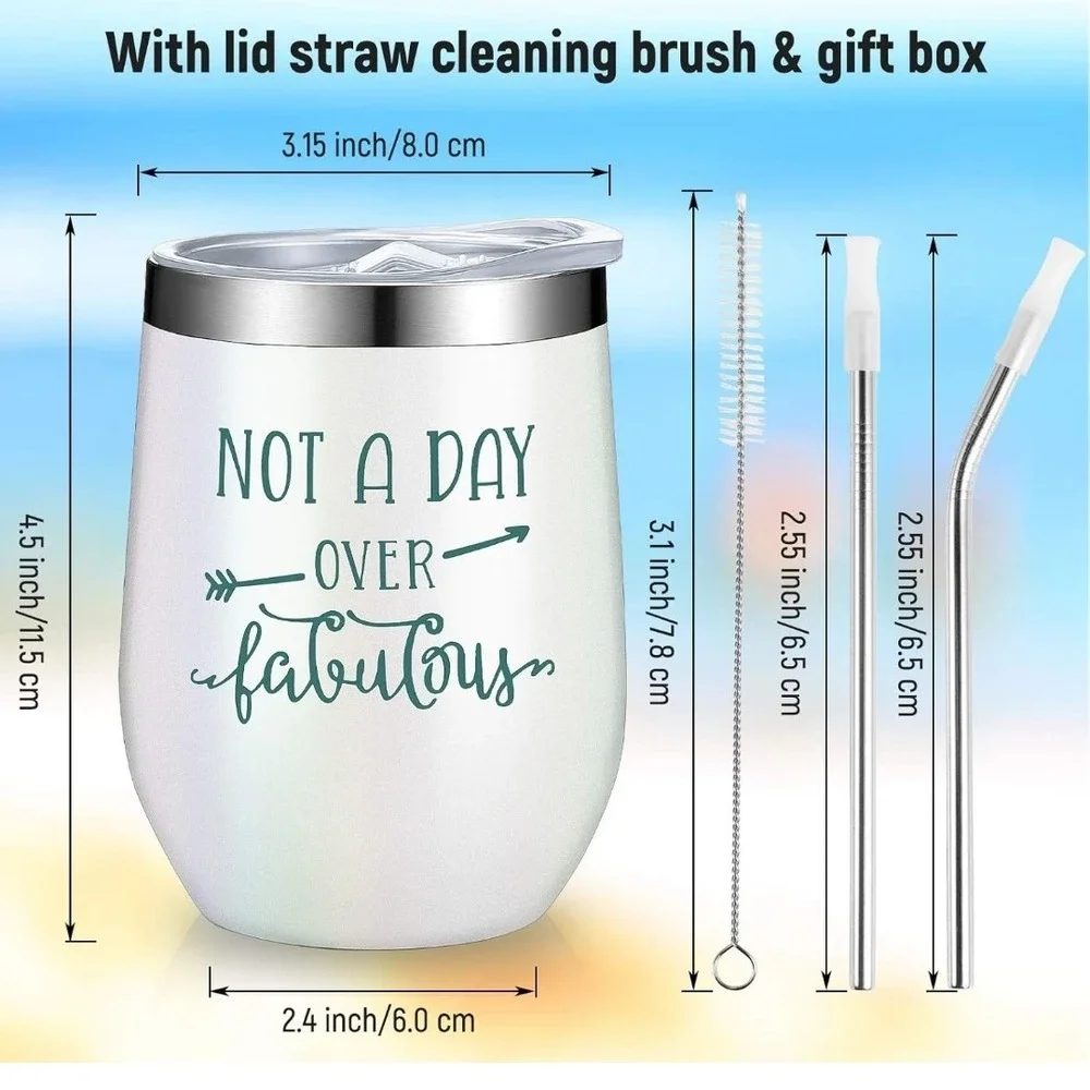 White Insulated Wine Tumblers Not‎ A Day Over Fabulous with Lids Straws Gift Box